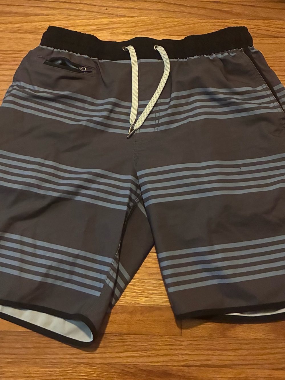 Vuori Men's Gray Swim Board Shorts with Blue Stripes